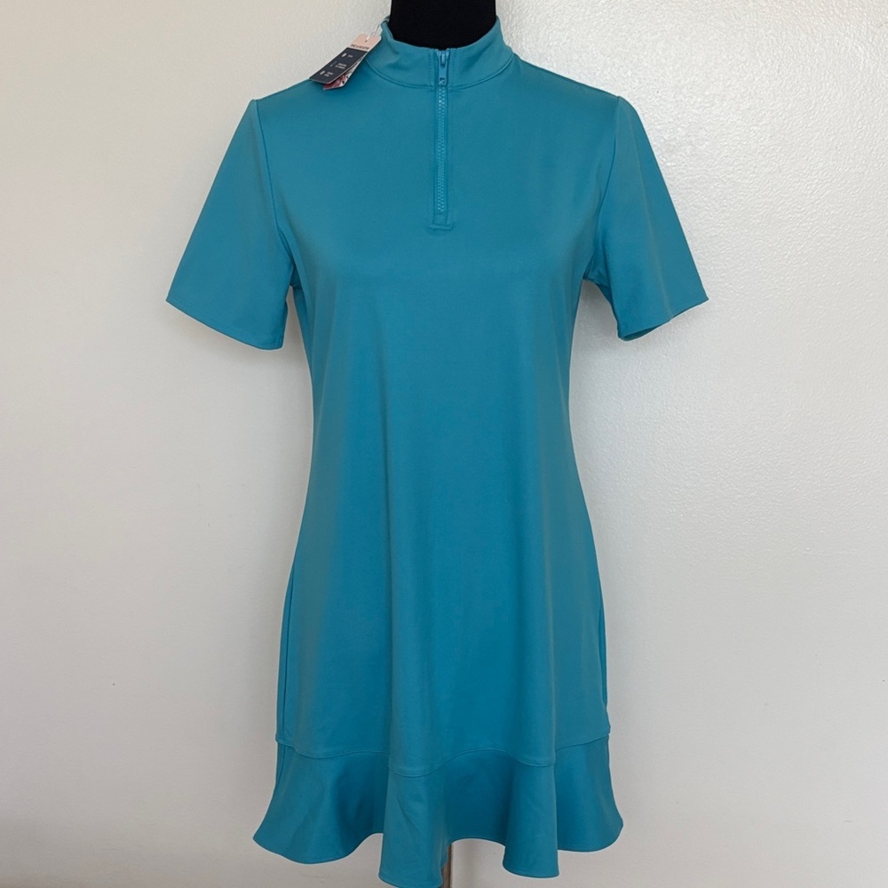 Tommy Bahama Aqua Teal Short Sleeve Zip-Front Ruffle Hem Gulf Dress Size Medium